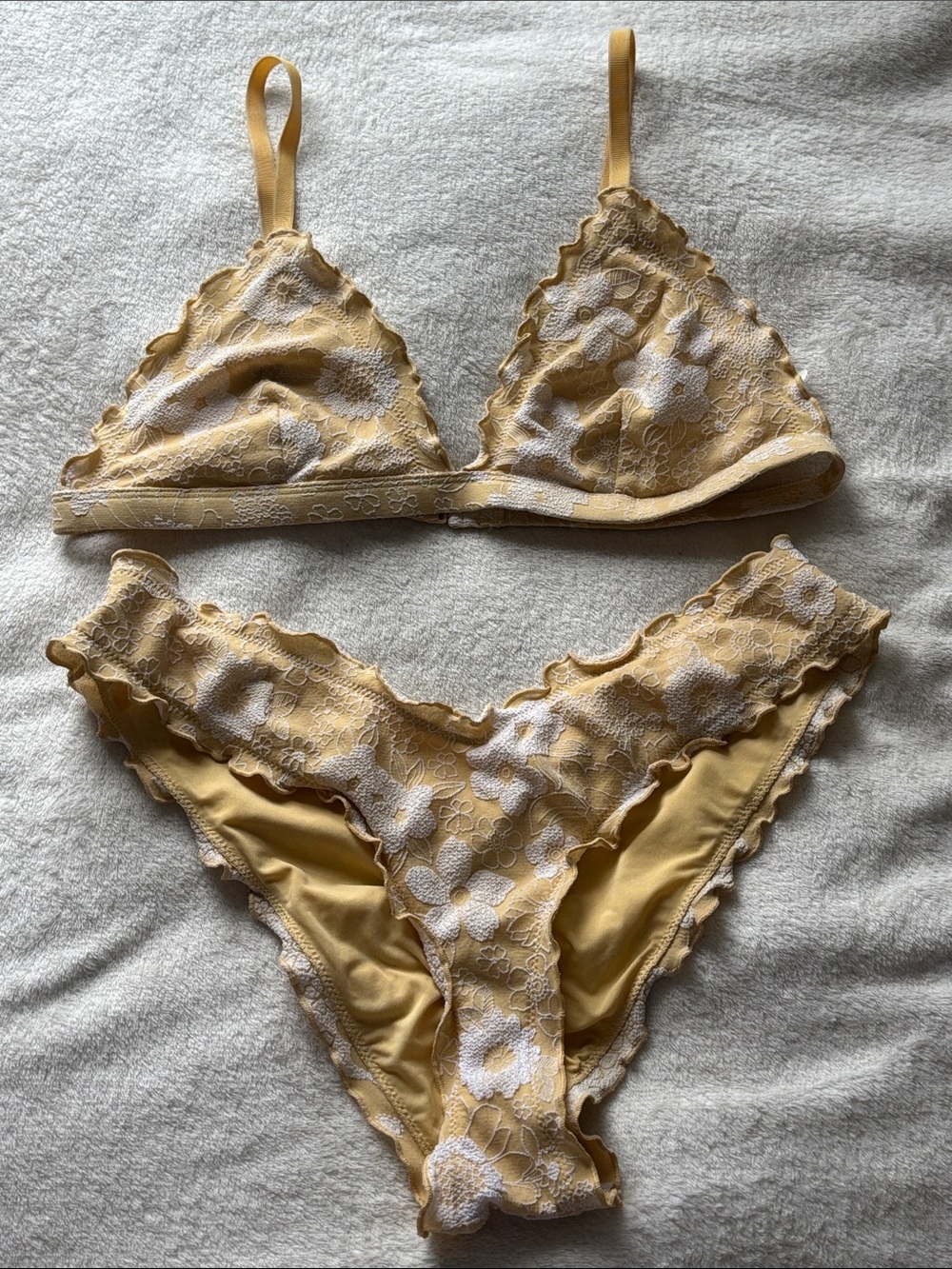 Aerie yellow and white floral jacquard/embroidered triangle bikini set
